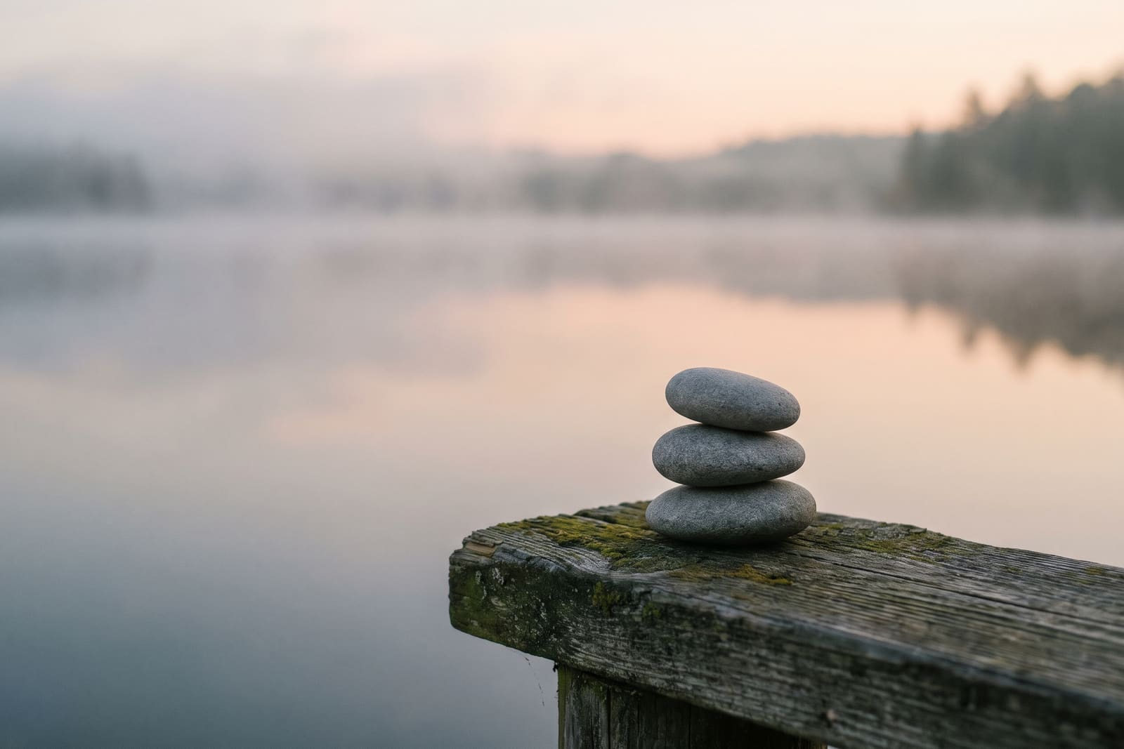 Three smooth grey stones balanced on the end of a wooden jetty above a still, misty lake.