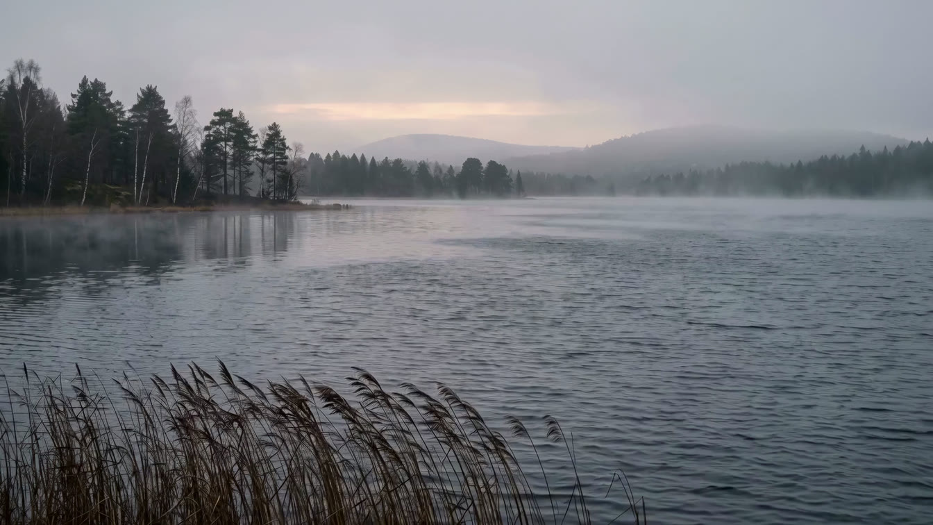 A misty lake at dawn, its surface ruffled by wind, reeds bending in the foreground.