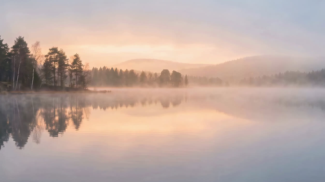 The lake at dawn, perfectly still, the far shore mirrored in the water.